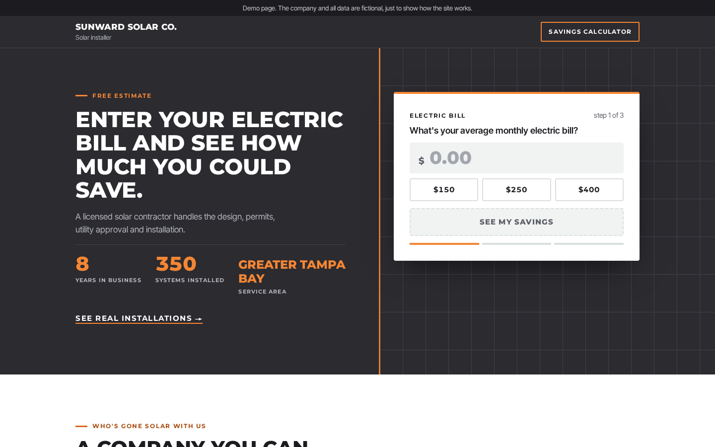Solar savings calculator landing page on a desktop screen