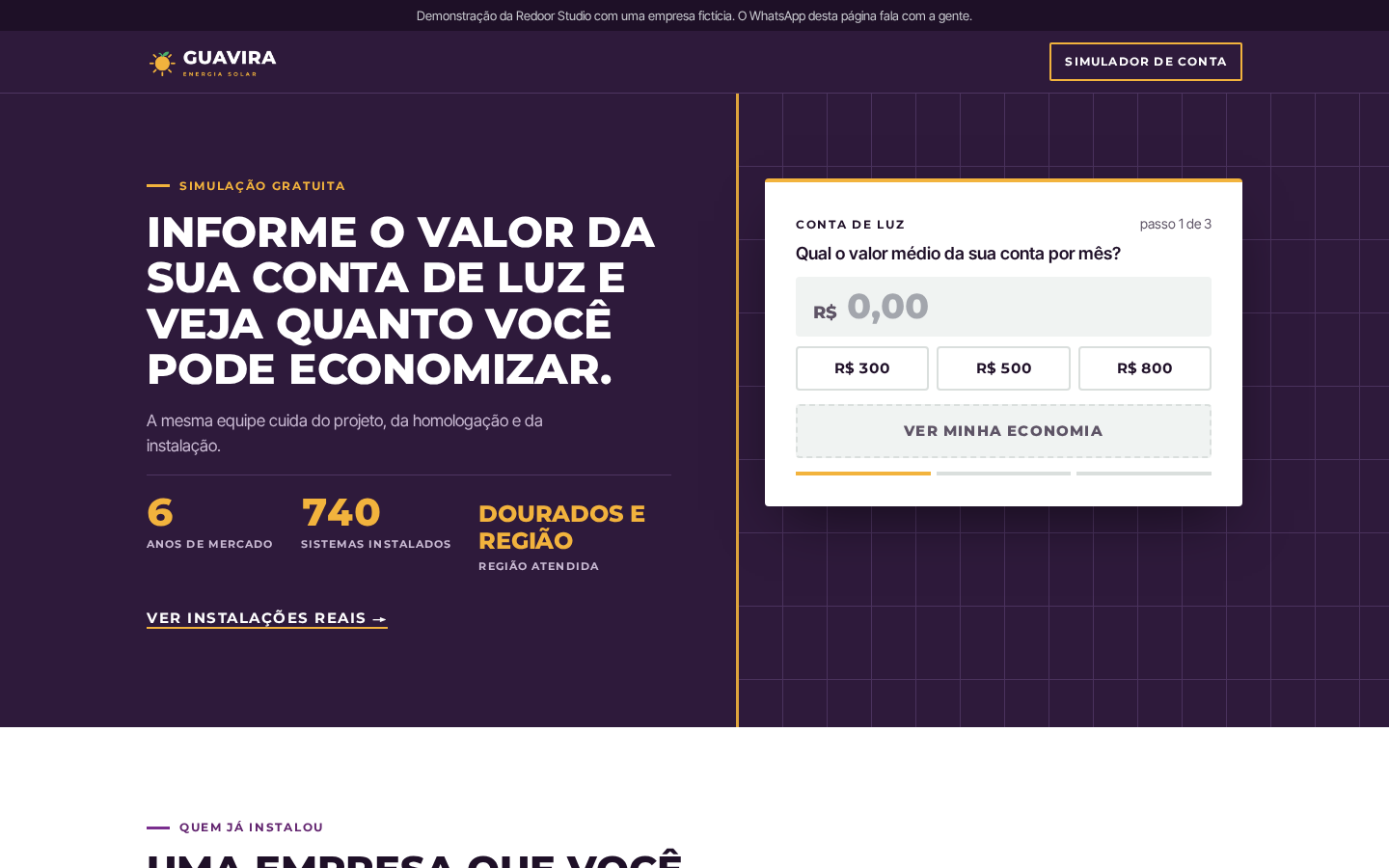 Brazilian solar lead page with a savings calculator on a desktop screen