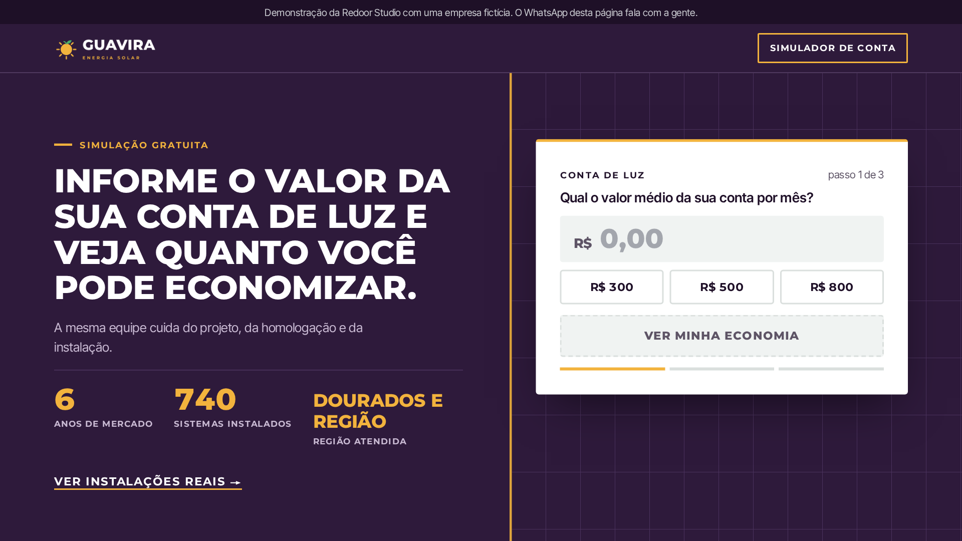 Página de captação solar brasileira com calculadora de economia em uma tela de computador